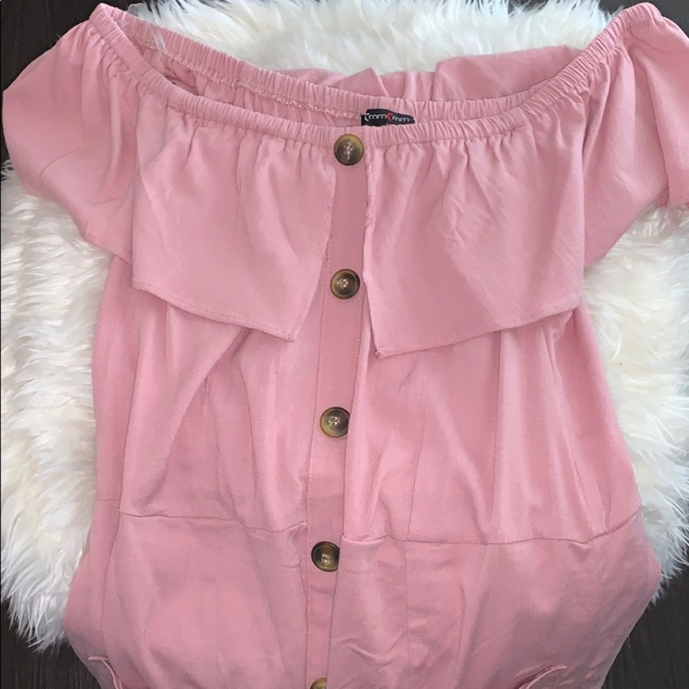 Juniors pink button off the shoulders dress